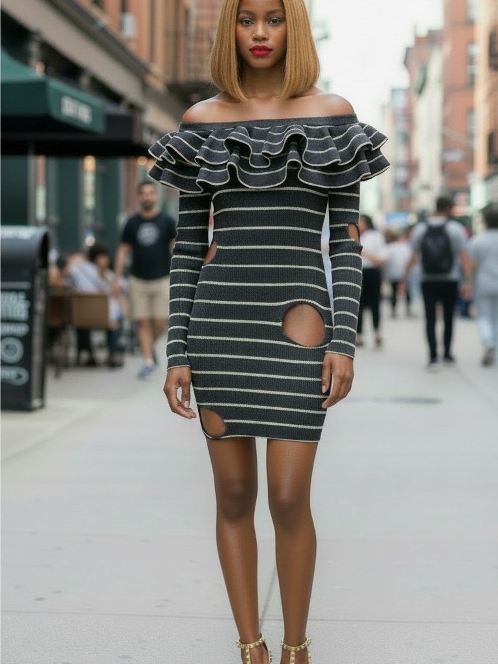 Refurbished Off-Shoulder Black & Gold Striped Ruffle Bodycon Dress